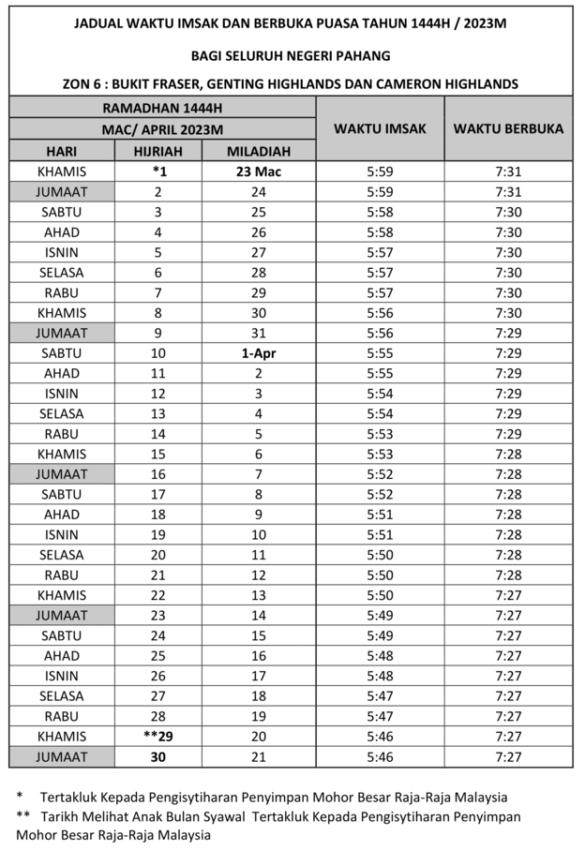 Jadual Waktu Berbuka Puasa Dan Imsak Pahang 2024