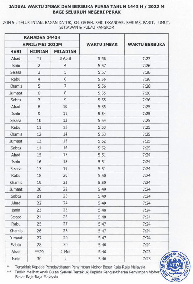 Solat johor 2022 waktu Jadual Waktu