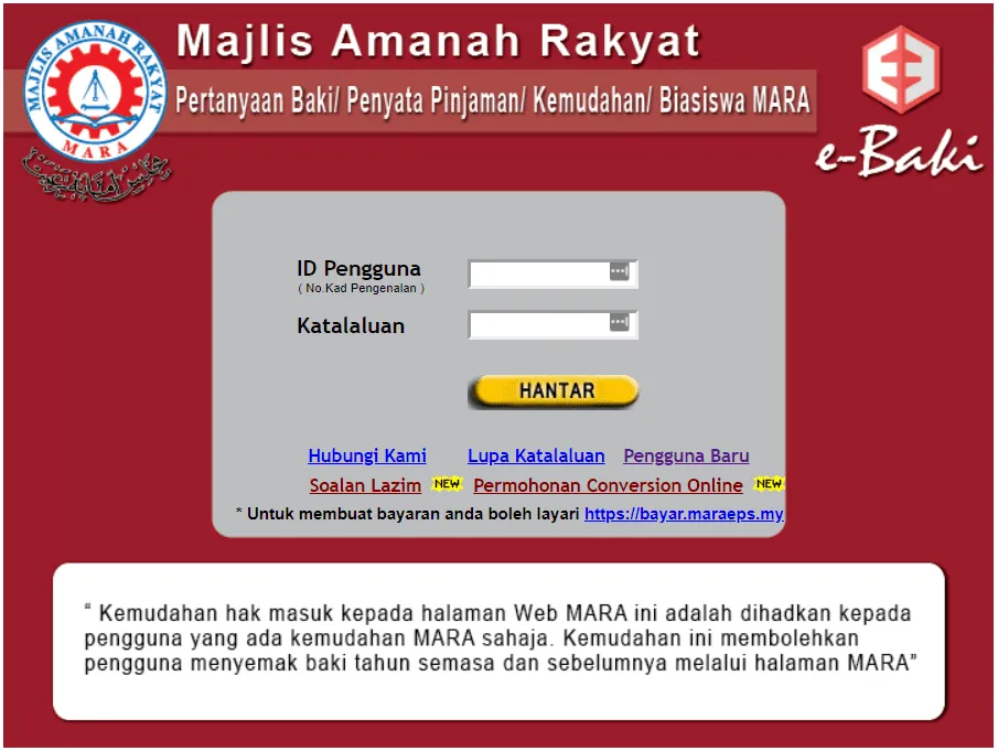 login e-baki Semakan Baki Pinjaman MARA
