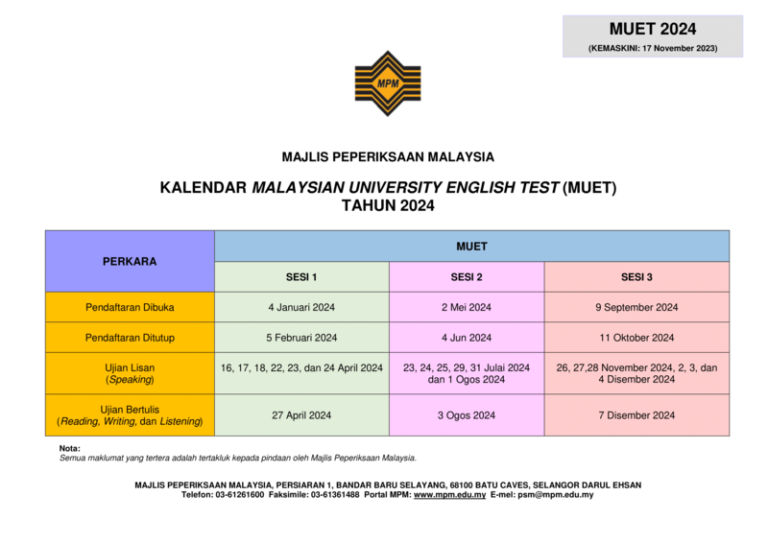 Kalendar MUET 2024 Jadual Tarikh Penting Peperiksaan
