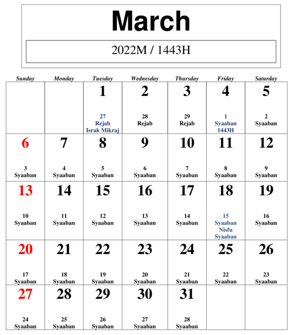 Sunat kalendar 2022 puasa Kalendar Puasa